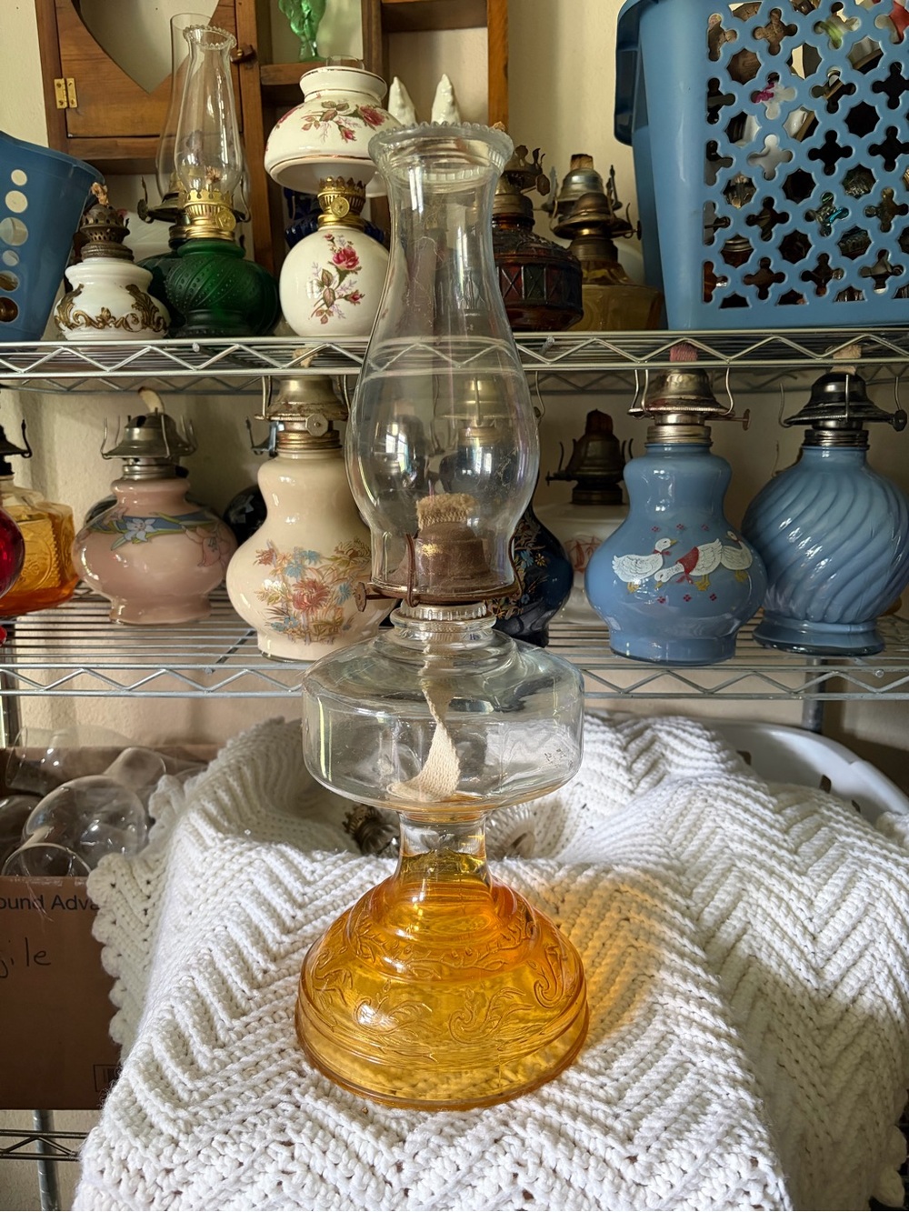 Vintage Amber Glass Oil Lamp - Amber and Clear